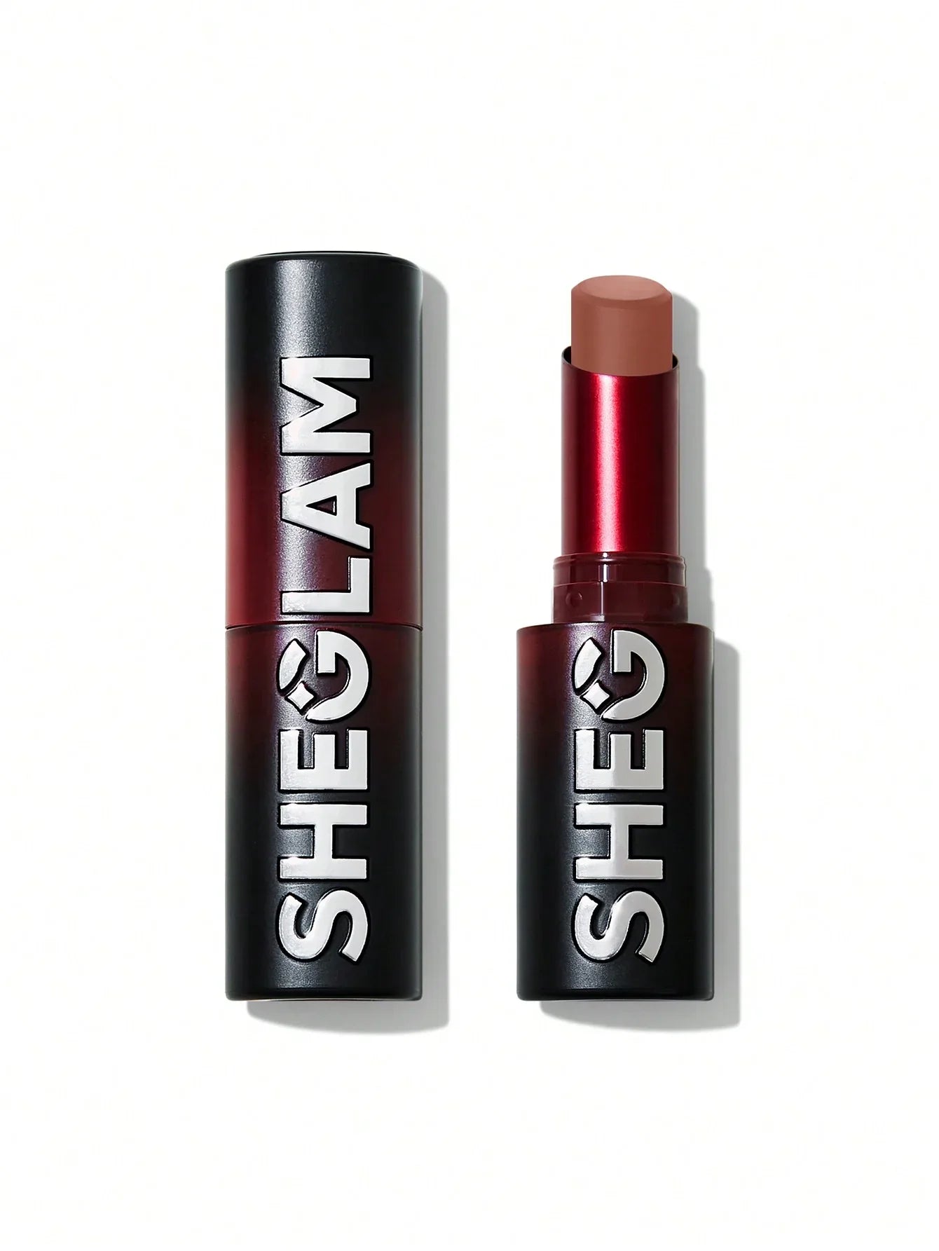 SHEGLAM matte lipstick in nude shade, sleek black and red packaging, beauty cosmetics