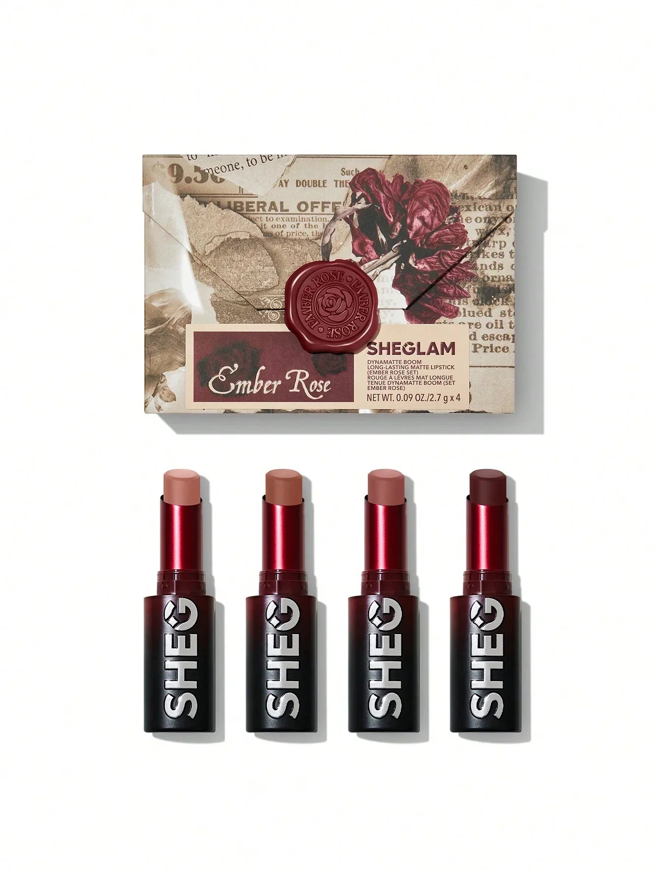 SHEGLAM Ember Rose matte lipstick set with four shades, vintage rose packaging, long-lasting formula