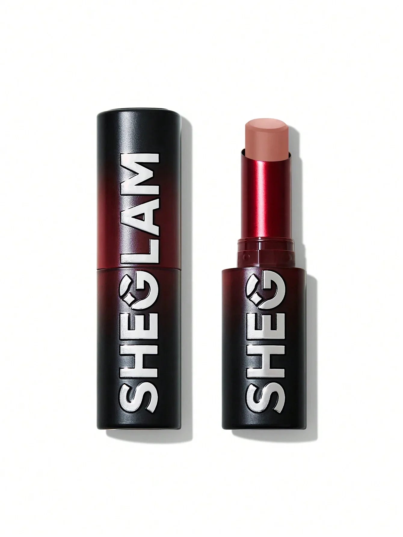 Sheglam matte lipstick in nude shade, sleek black and red packaging, beauty cosmetics