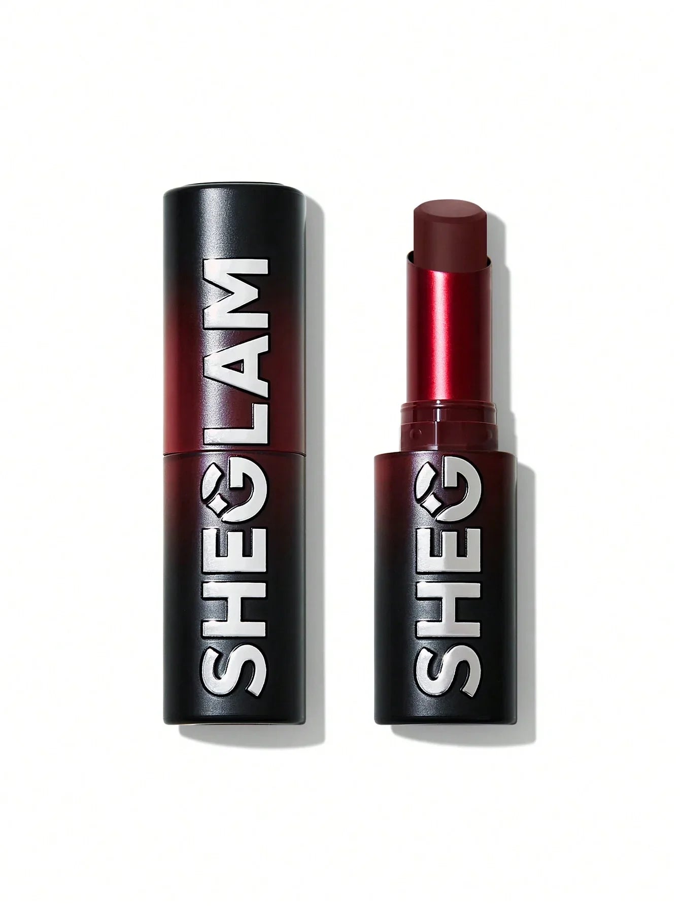 SHEGLAM matte lipstick in deep red shade, sleek black packaging with bold branding