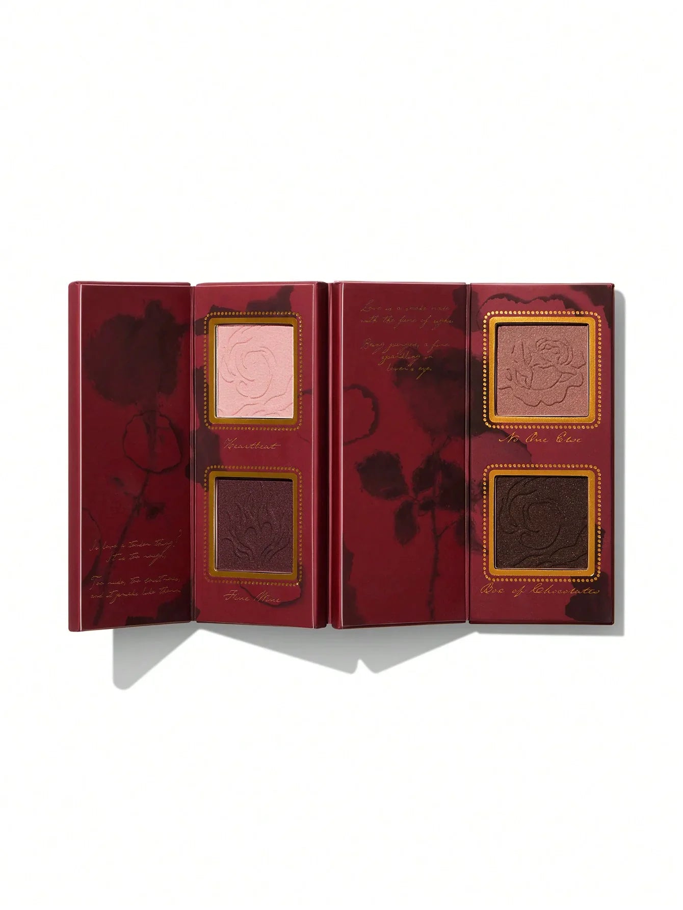 Luxury red eyeshadow palette with four romantic shades, rose motifs, and gold accents for elegant makeup looks
