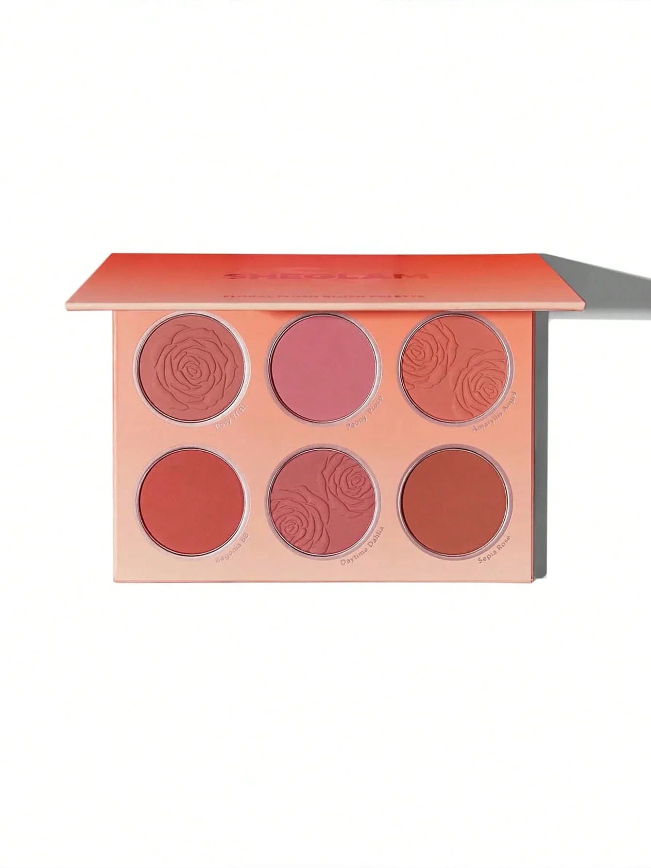 Sheglam Floral Flush Blush Palette with six rose-embossed blush shades in warm tones
