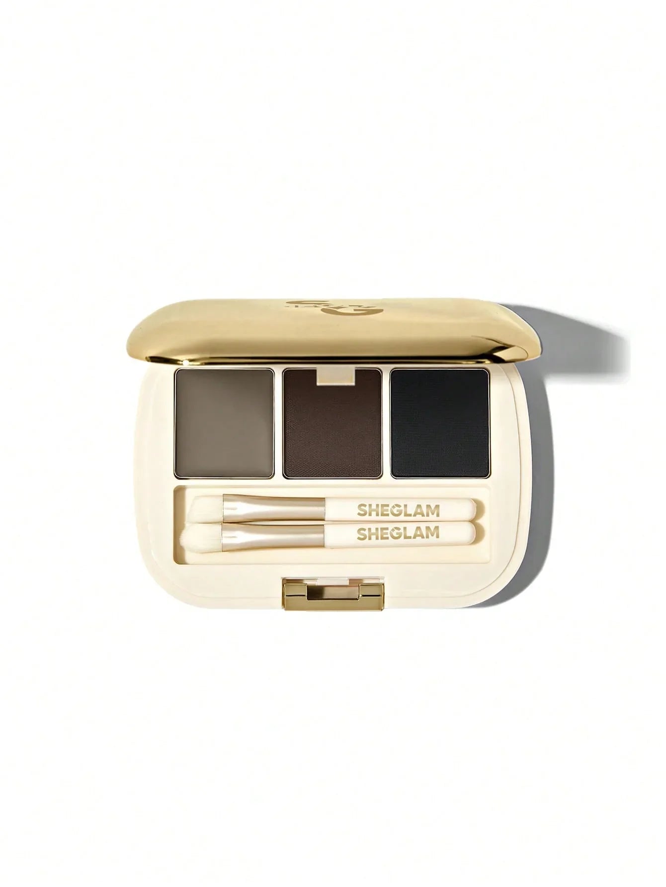 Sheglam eyebrow powder palette with three shades and dual-ended brush, perfect for defining brows.