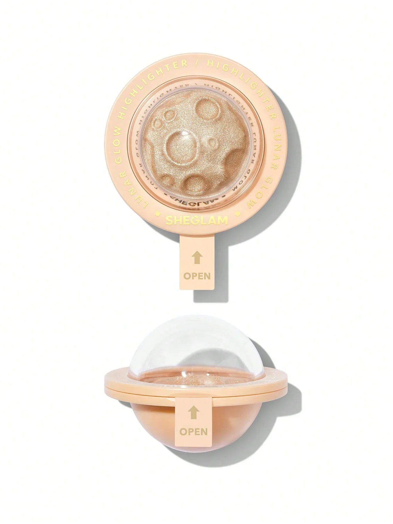 Sheglam Lunar Glow Highlighter with moon crater design, shimmering gold finish, open and closed views