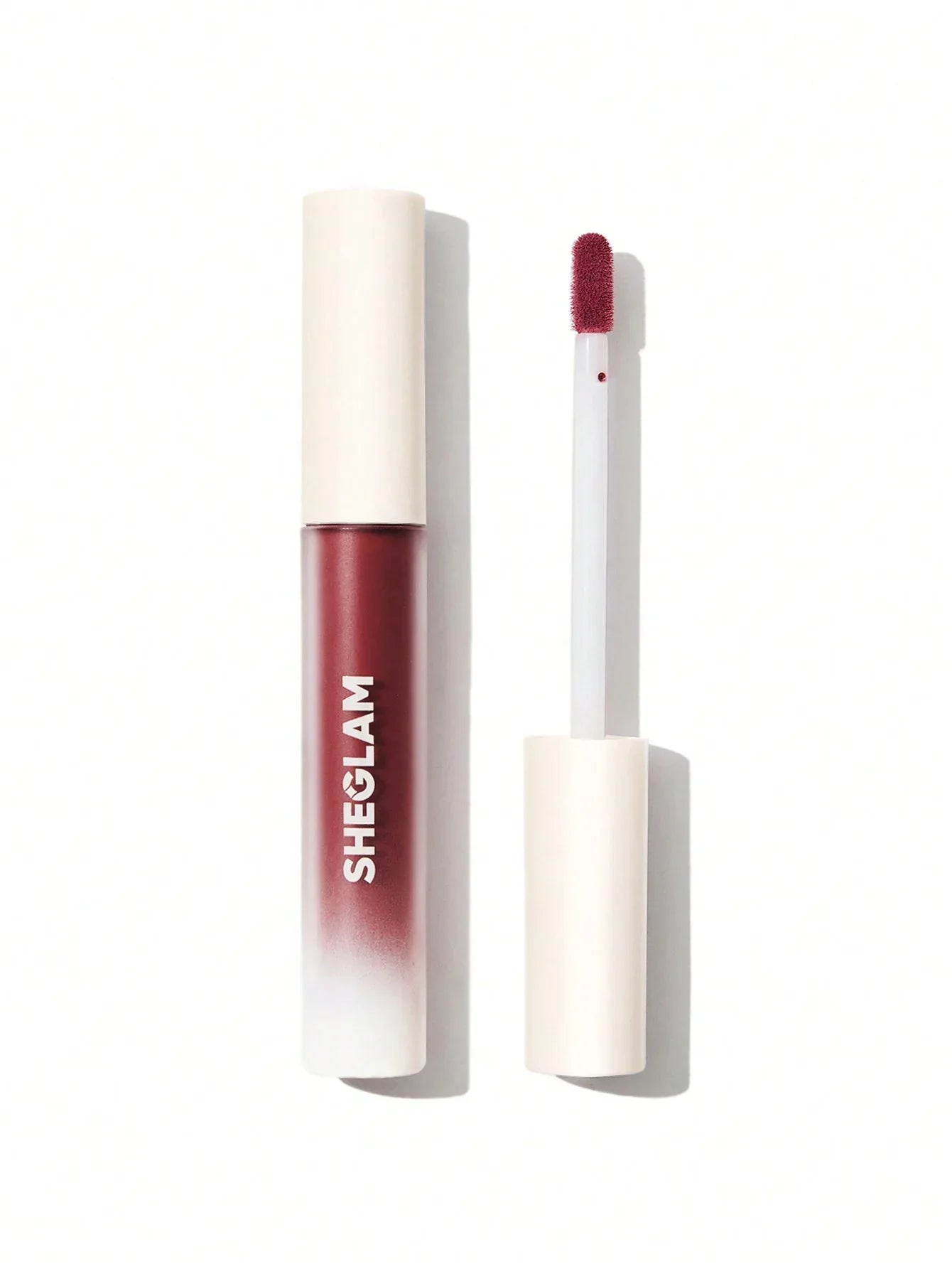 Sheglam liquid lipstick with applicator, deep red shade, matte finish, beauty cosmetics