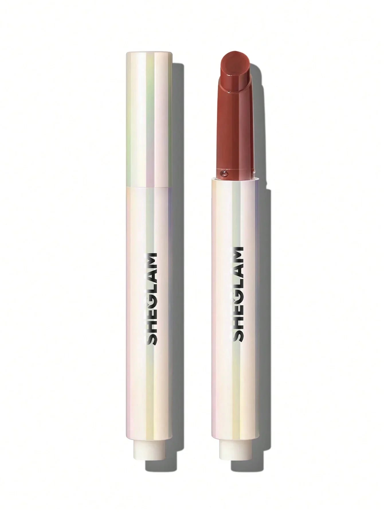 Sheglam matte lipstick in rich brown shade, iridescent tube, beauty cosmetics