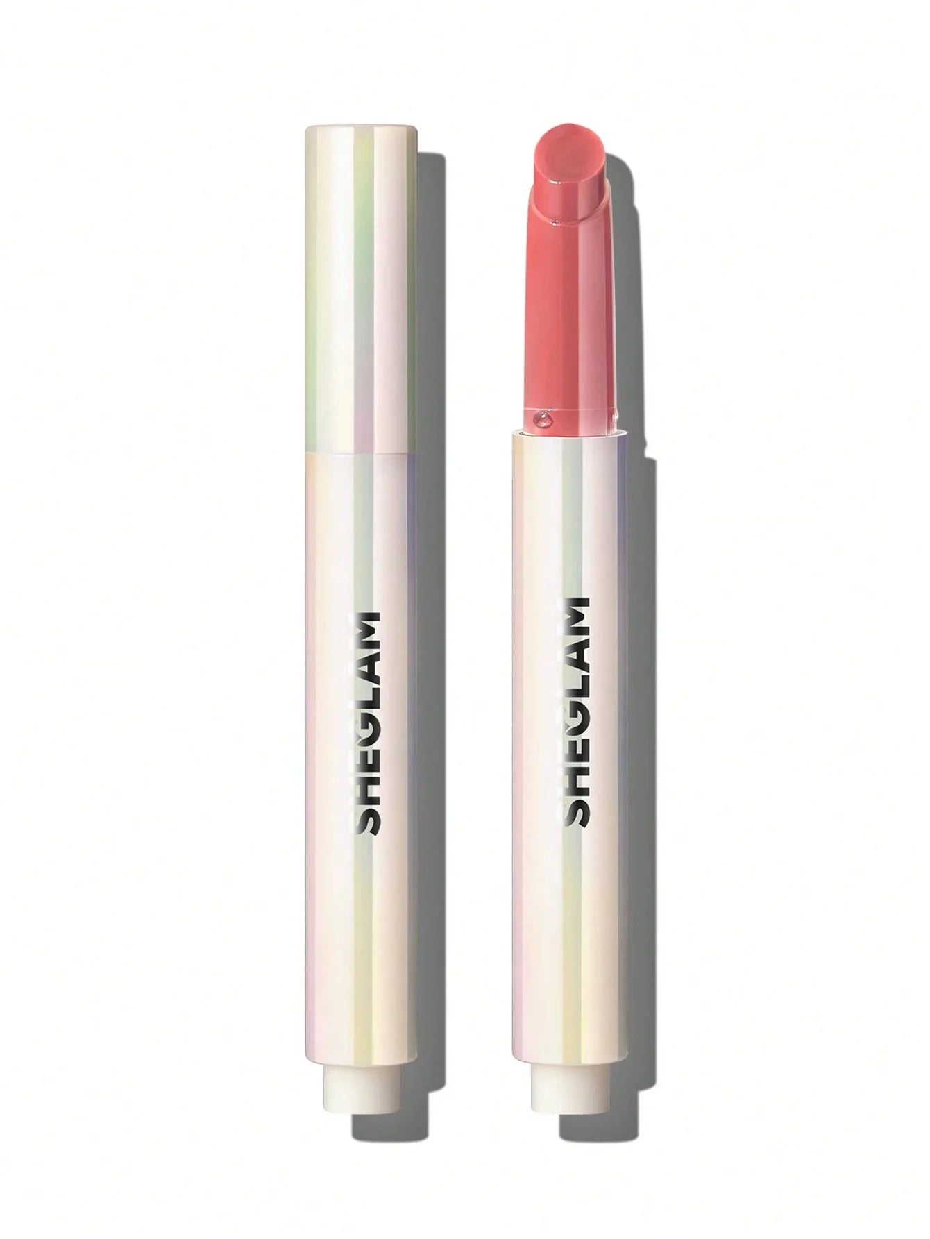 Sheglam pink lip crayon with iridescent tube, open and closed view on white background