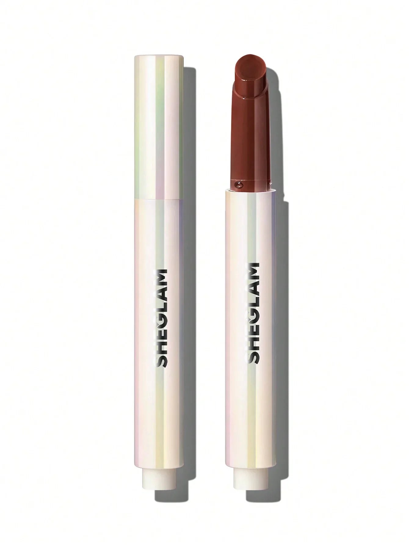 Sheglam matte lipstick in rich brown shade, sleek iridescent tube, beauty cosmetics