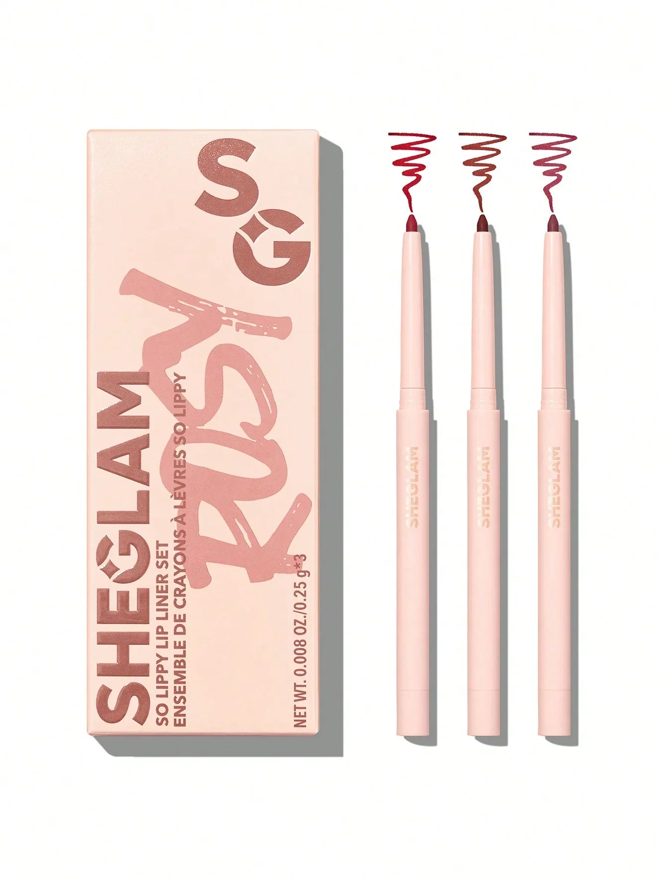 Sheglam So Lippy Lip Liner Set with three shades and swatches, perfect for precise lip definition.