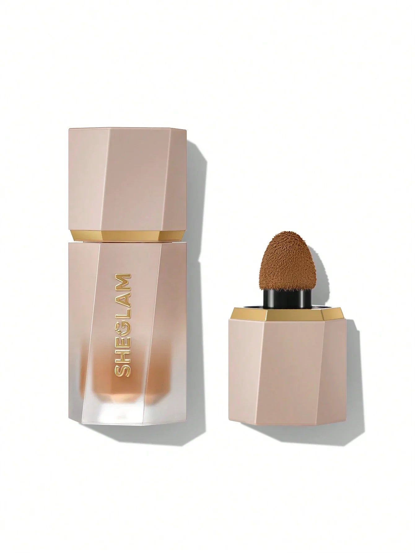 Sheglam liquid foundation with sponge applicator, sleek beige bottle, beauty makeup product