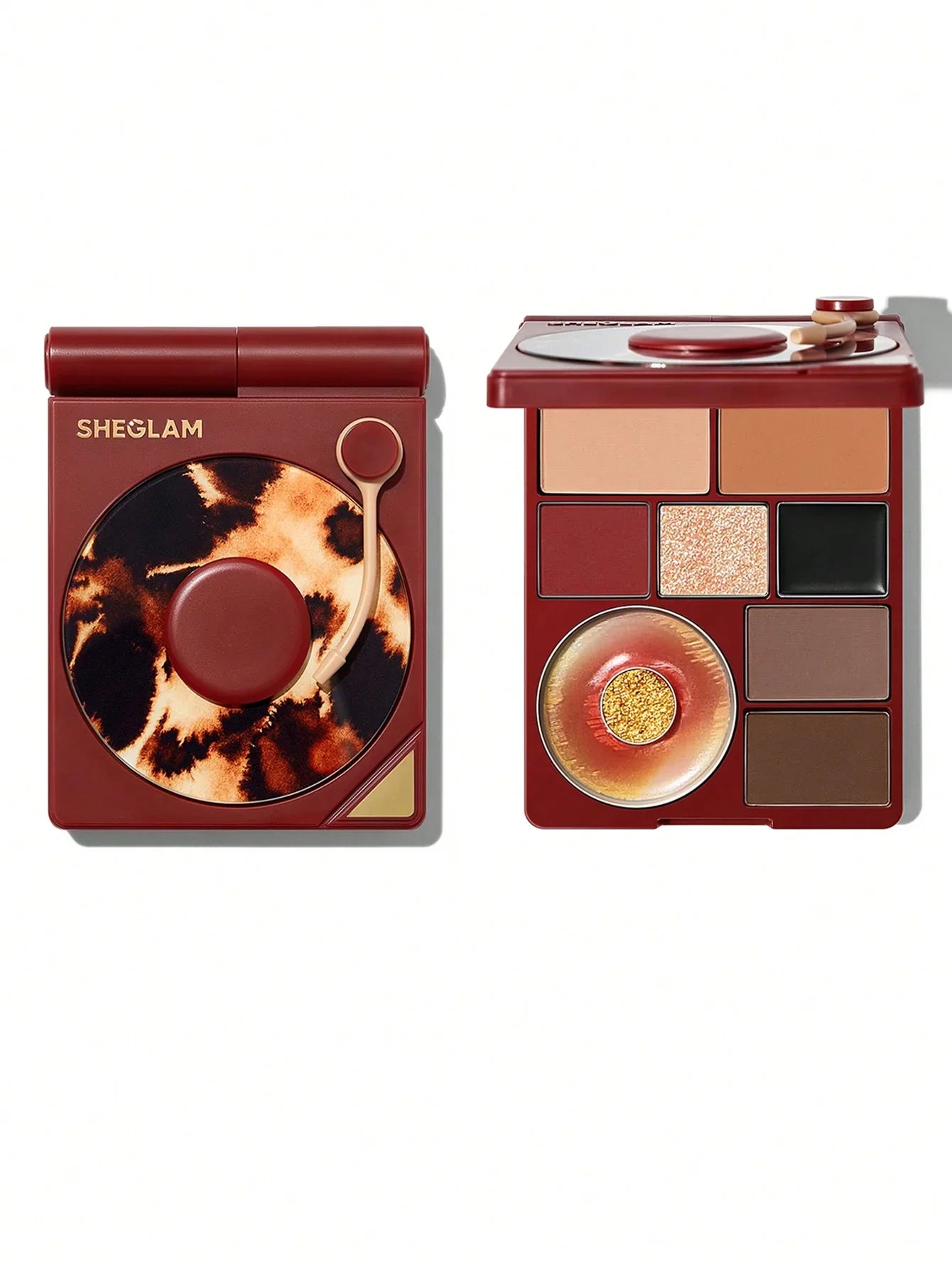 Sheglam turntable eyeshadow palette with warm tones and glitter finish, perfect for bold makeup looks