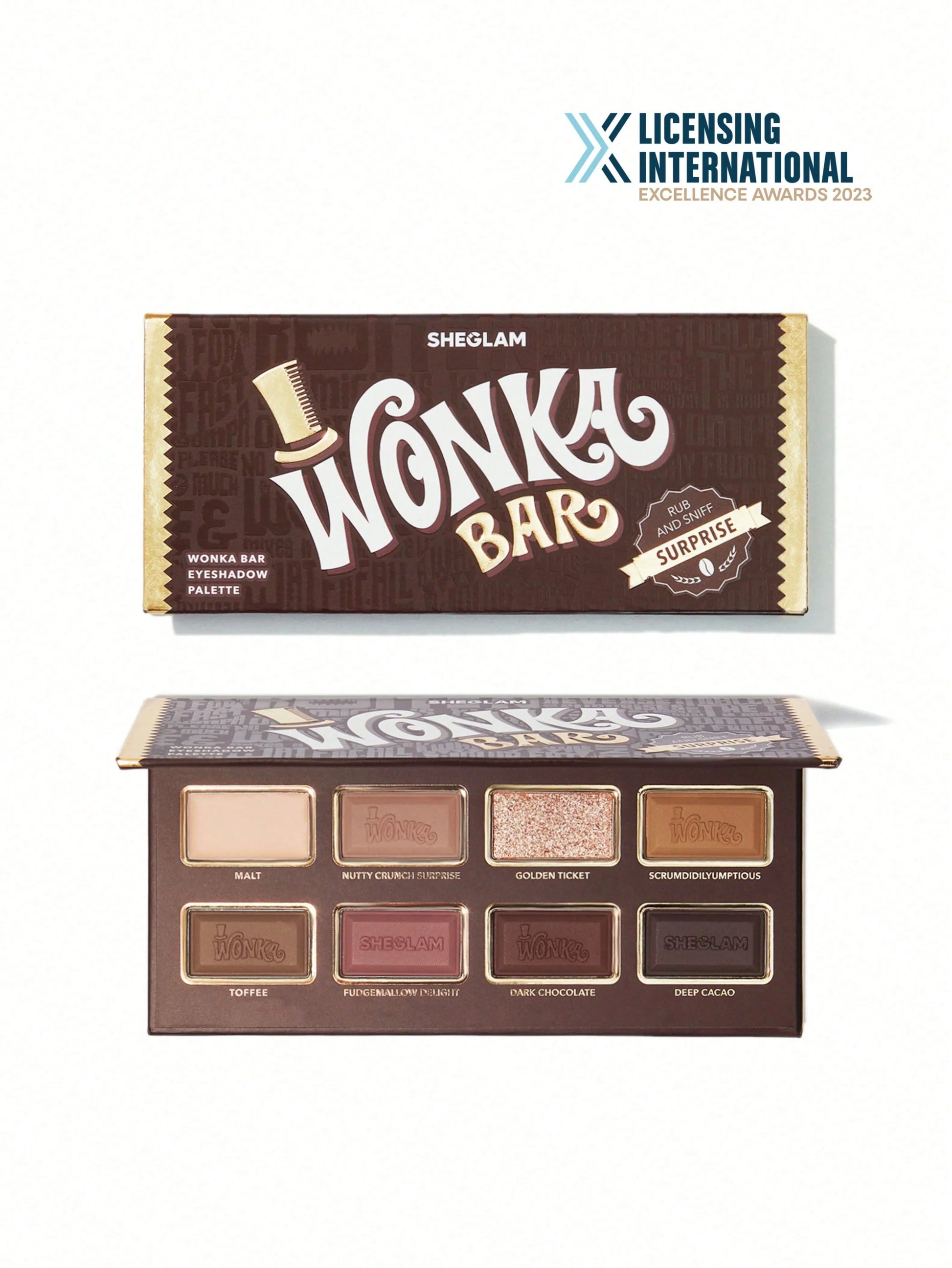 Sheglam Wonka Bar Eyeshadow Palette with chocolate-inspired shades and award badge