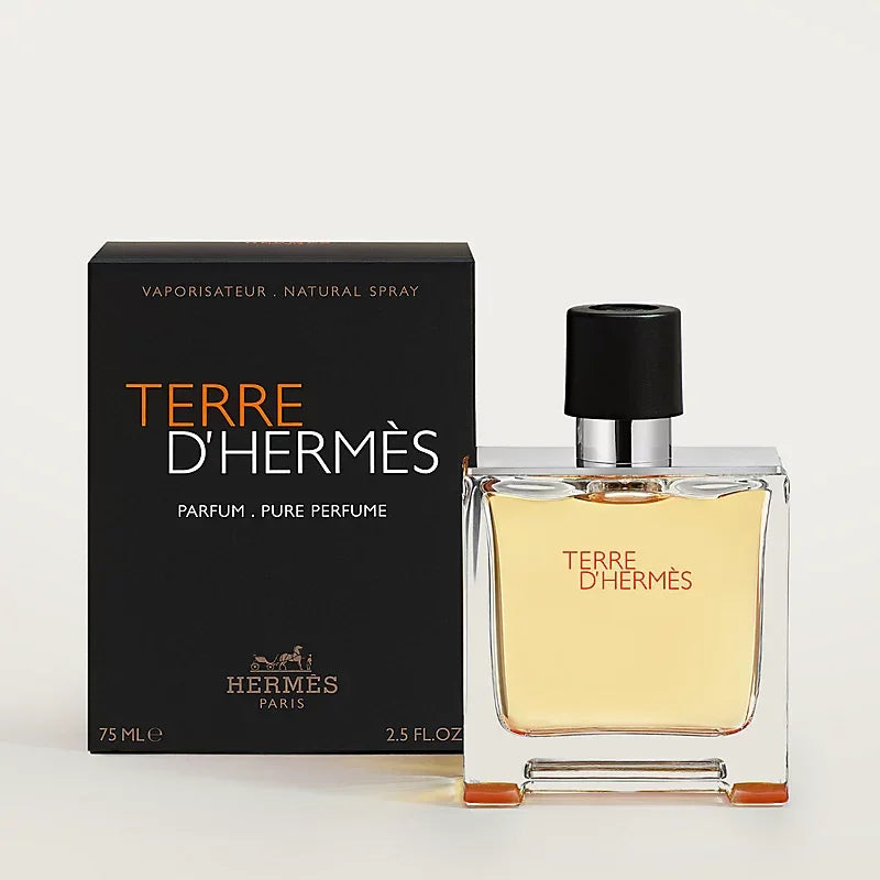 Terre d'Hermès pure perfume 75ml bottle with black box, luxury men's fragrance