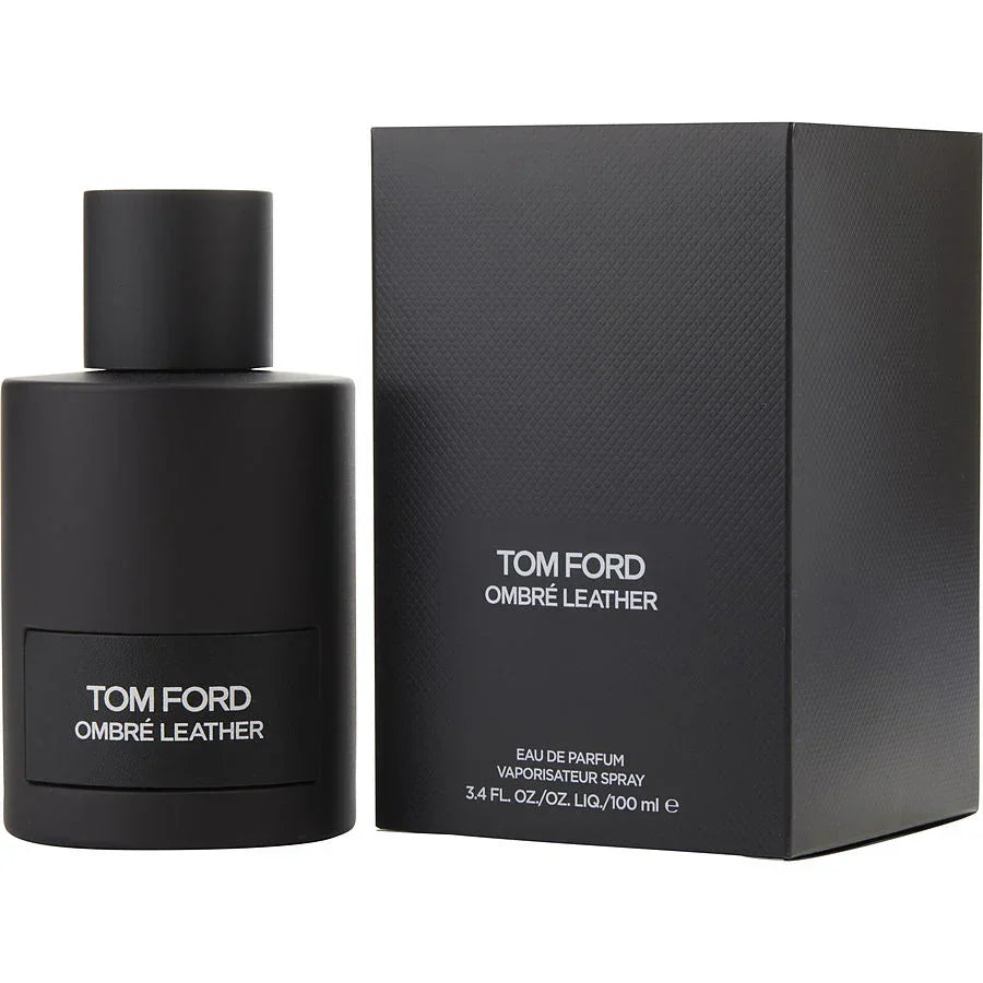 Tom Ford Ombre Leather Eau de Parfum bottle alongside its packaging box, both featuring a sleek black design with white text.