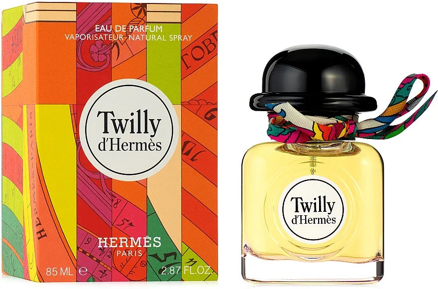 Twilly d'Hermès Eau de Parfum 85ml with colorful ribbon, vibrant box packaging, luxury fragrance for women