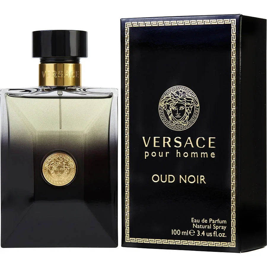 A bottle of Versace Pour Homme Oud Noir Eau de Parfum next to its black box packaging, both featuring gold accents