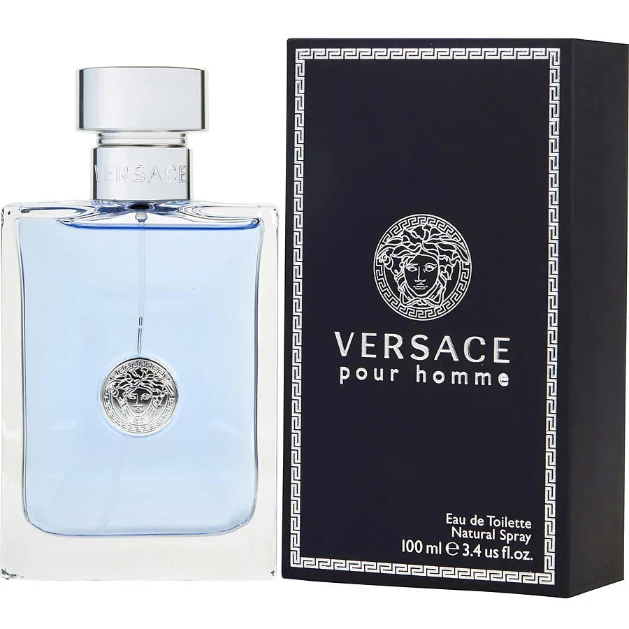 A bottle of Versace Pour Homme Eau de Toilette next to its black box packaging, both featuring the Versace logo