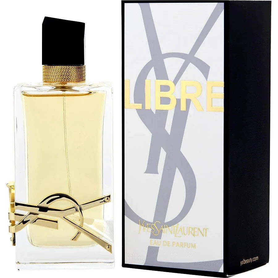 Yves Saint Laurent Libre Eau de Parfum bottle with packaging, displaying the brand name and the fragrance name in golden letters on a white background.