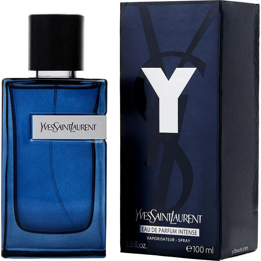 YSL 'Y' Intense Eau de Parfum Intense bottle and packaging, predominantly blue with a large white letter 'Y'.