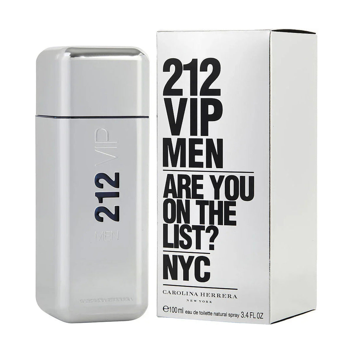Carolina Herrera 212 VIP Men Eau de Toilette 100ml, sleek silver bottle with NYC-themed box, luxury men's fragrance