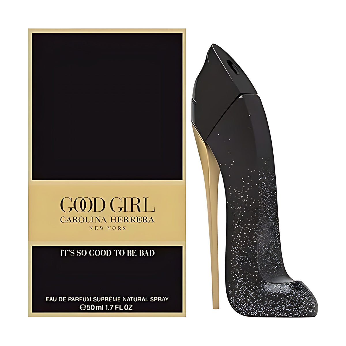 Carolina Herrera Good Girl perfume bottle shaped like black stiletto heel with gold accents, 50ml