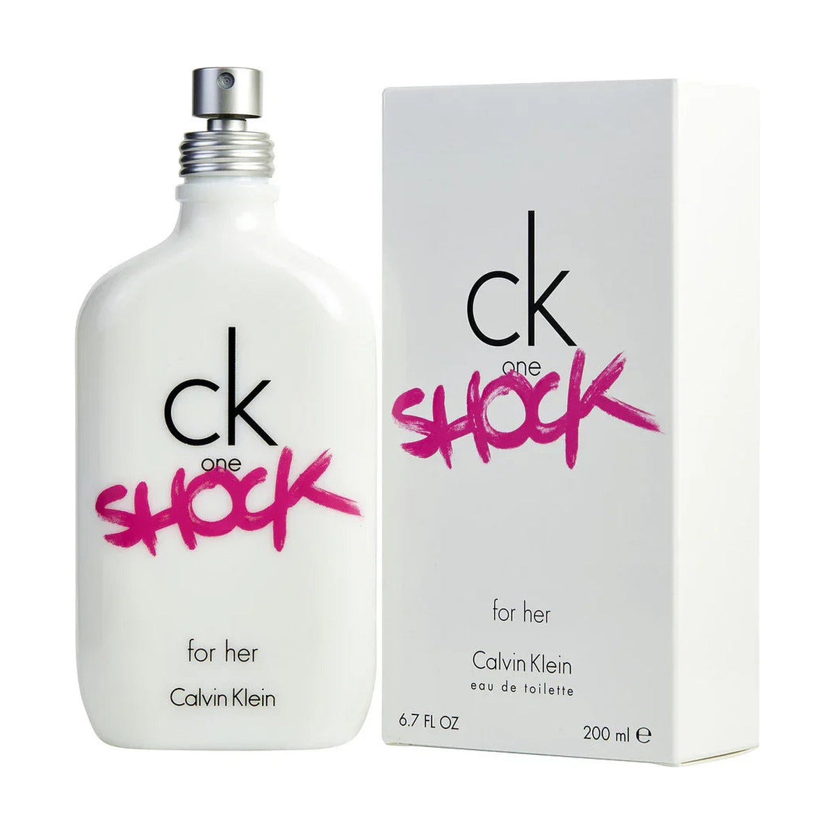Calvin Klein CK One Shock for Her eau de toilette 200ml bottle and box, pink graffiti text on white