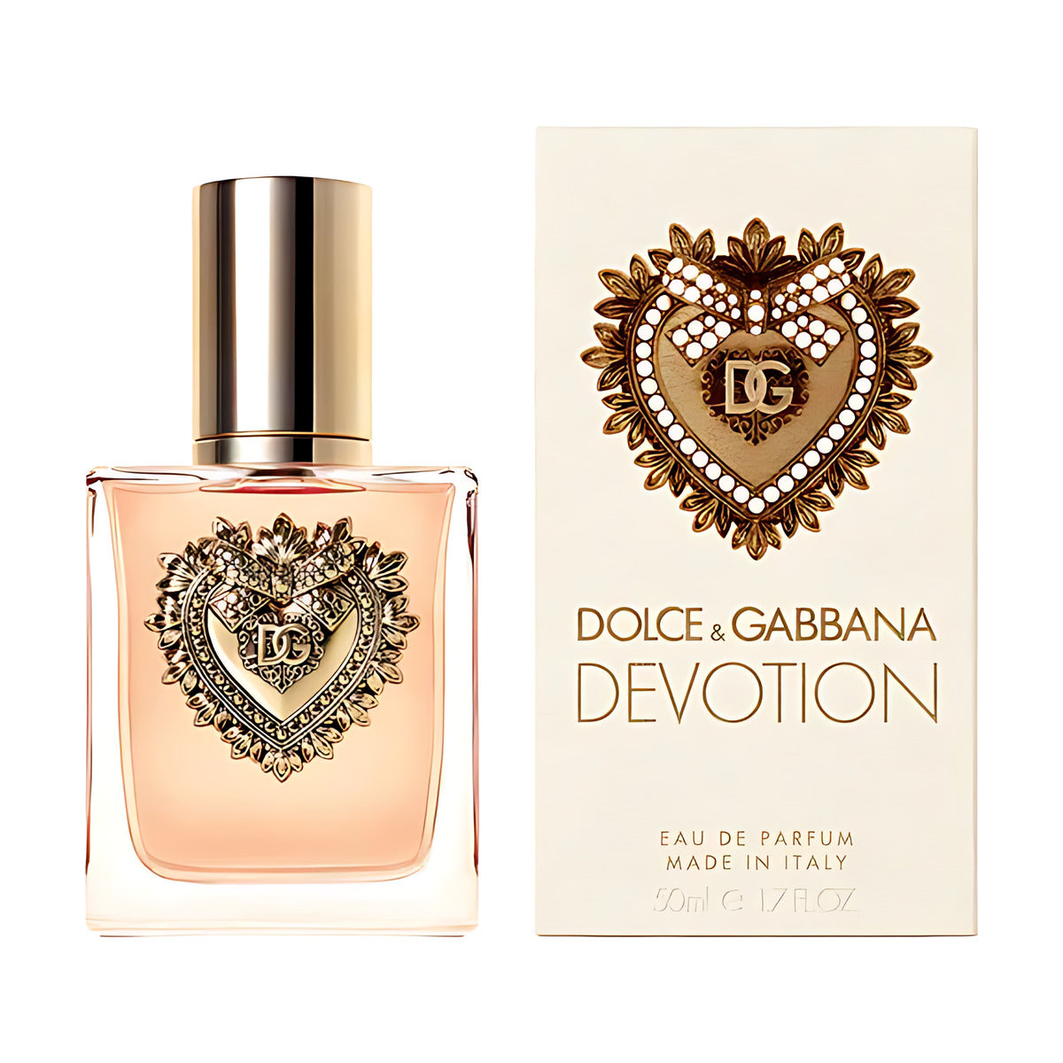 Dolce & Gabbana Devotion Eau de Parfum bottle and box, luxury perfume with ornate heart design, 50ml