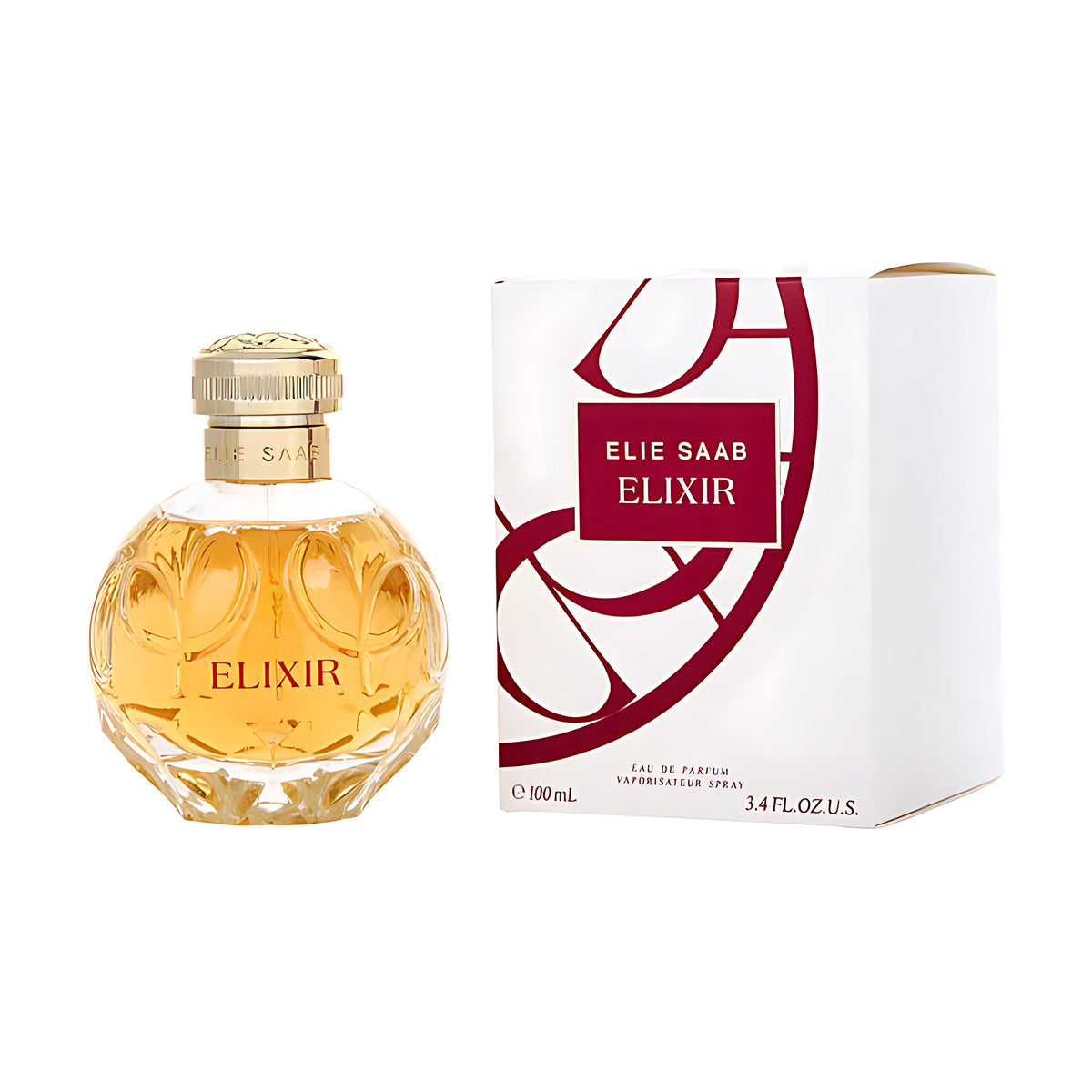 Elie Saab Elixir Eau de Parfum bottle and box, 100ml luxury fragrance with golden cap and elegant design