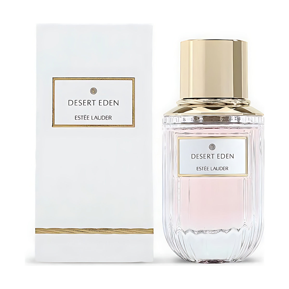 Estée Lauder Desert Eden perfume bottle with gold cap and white box, pink fragrance liquid visible