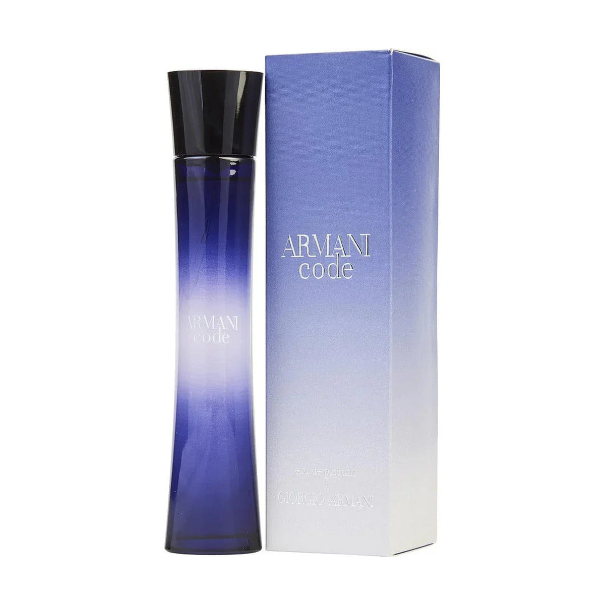 Armani Code Eau de Parfum bottle and box, luxury fragrance for women, blue gradient design
