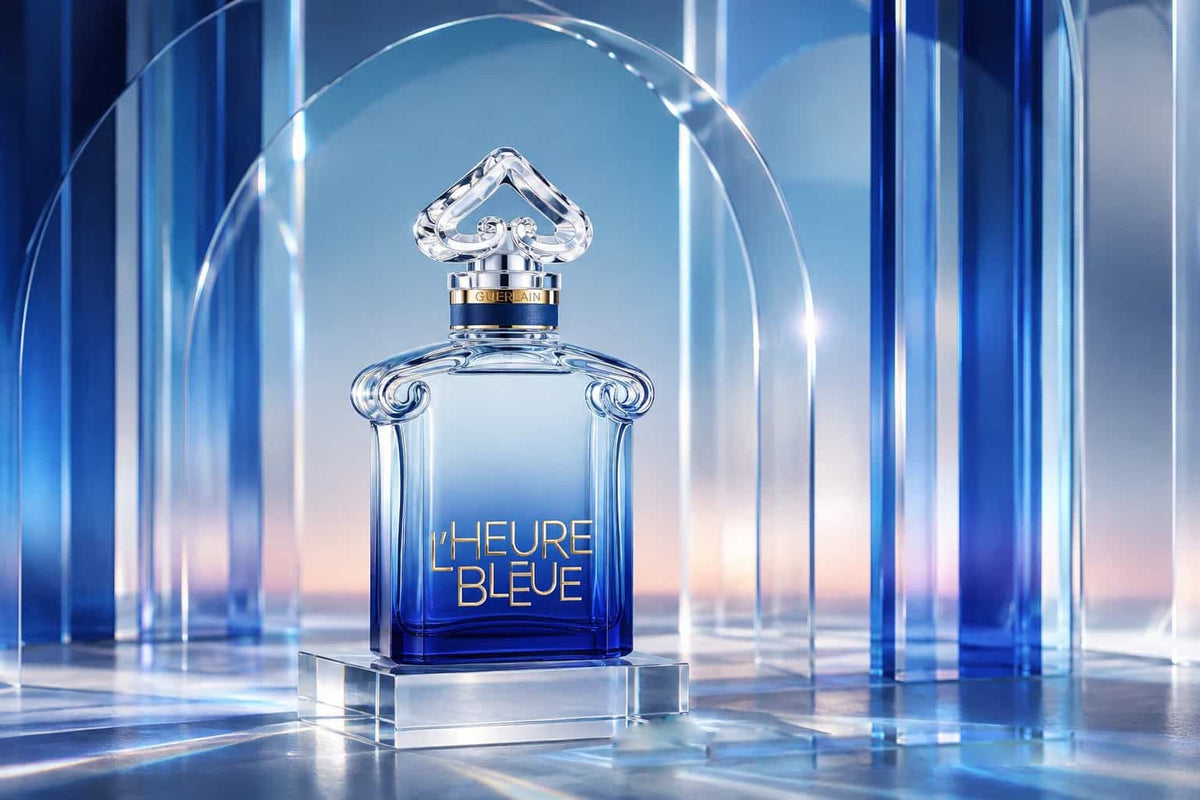 Guerlain L'Heure Bleue Eau de Parfum 100ml bottle on a glass display