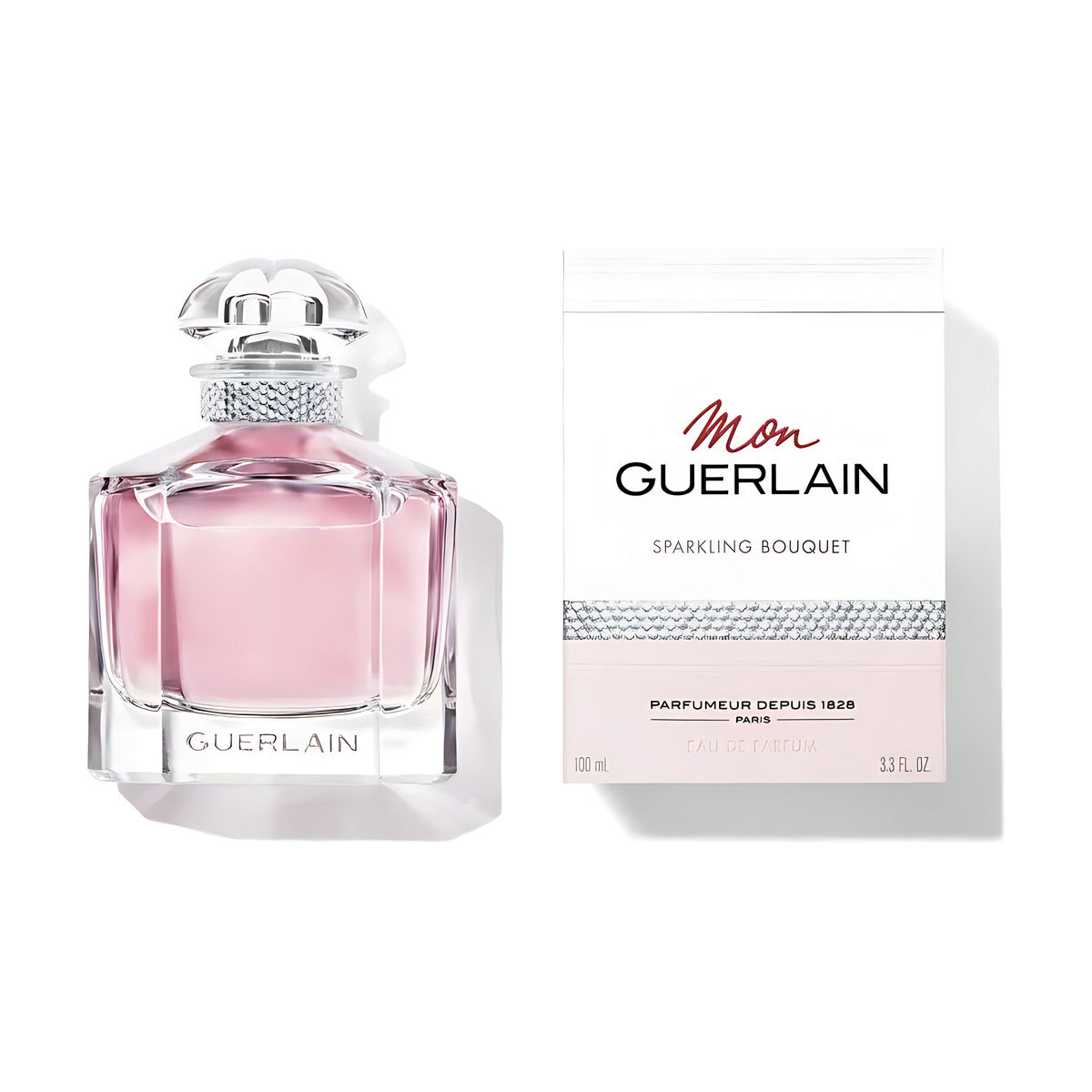 Guerlain perfume bottle with pink liquid, 100ml eau de parfum, luxury fragrance for women