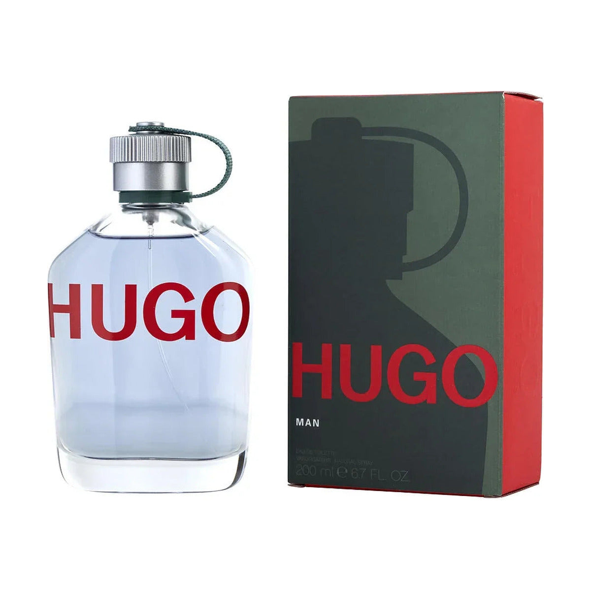 Hugo Man Eau de Toilette 200ml bottle with green and red packaging, authentic perfume for men