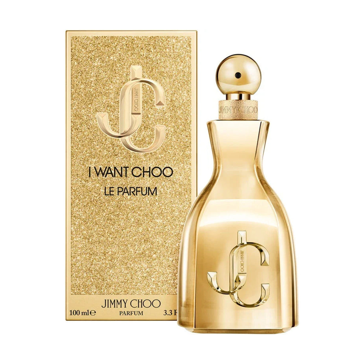 Jimmy Choo I Want Choo Le Parfum 100ml gold bottle and glitter box, luxury fragrance for women