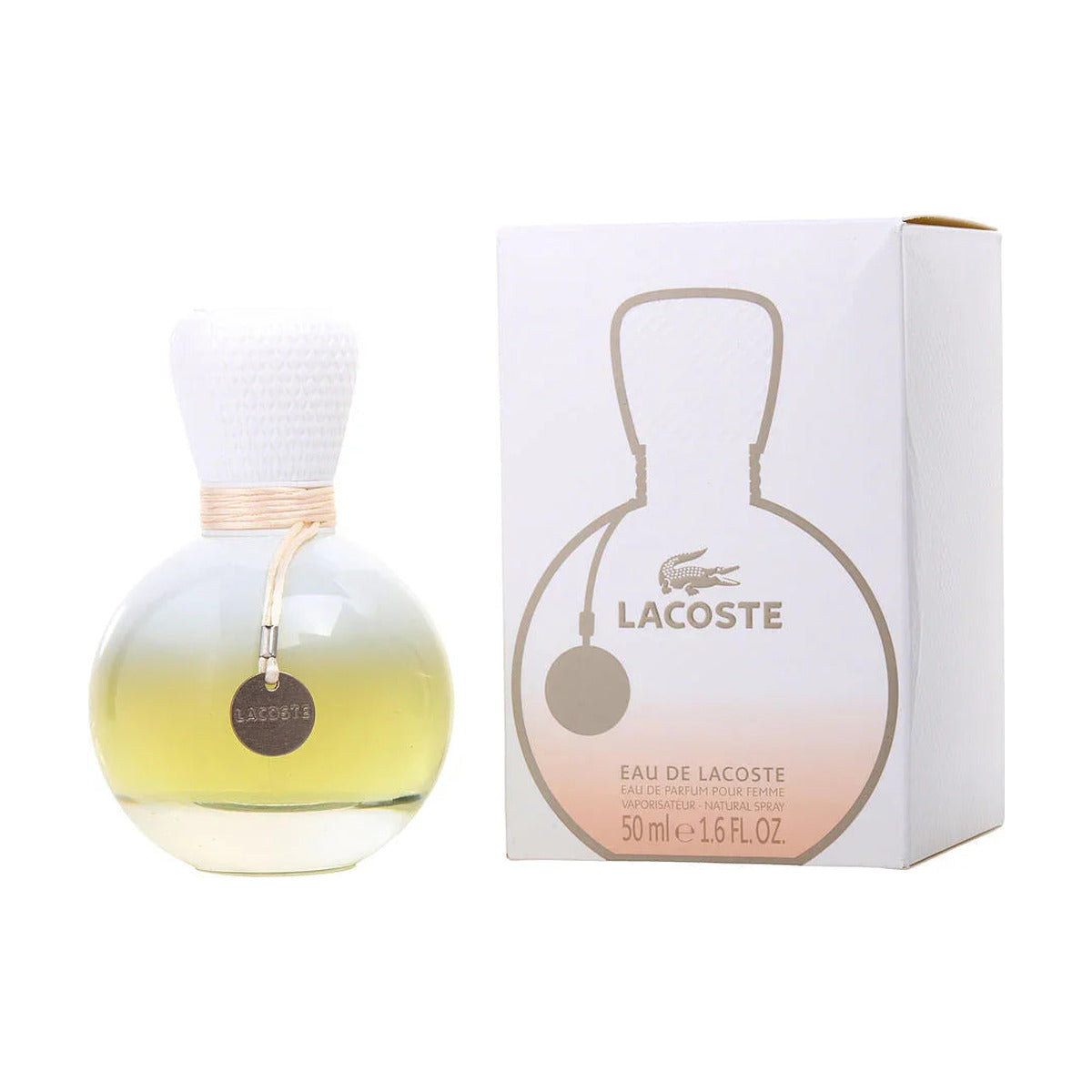 Lacoste Eau de Lacoste women's perfume 50ml bottle with white textured cap and packaging