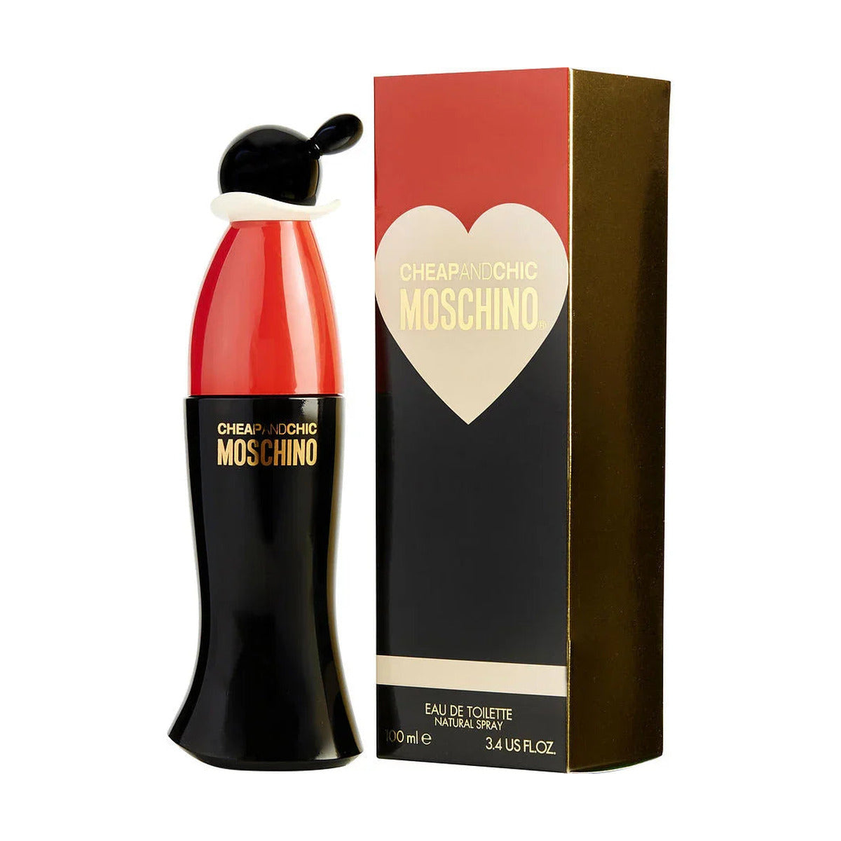 Cheap and Chic Moschino Eau de Toilette 100ml bottle with red and black design, heart logo packaging