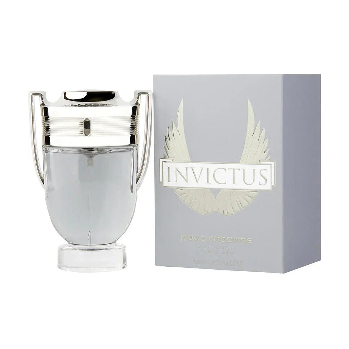 Paco Rabanne Invictus Eau de Toilette 100ml with sleek silver bottle and winged box design