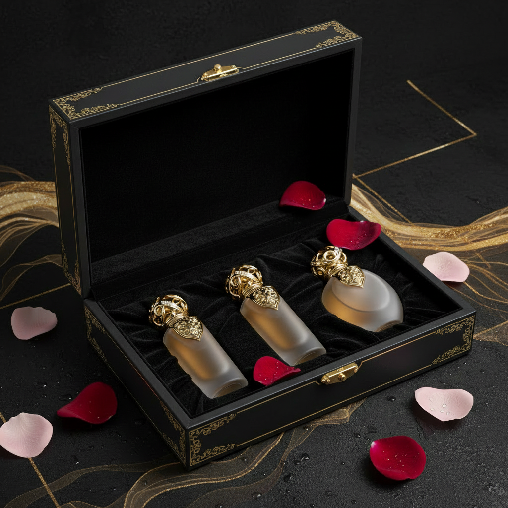 Three perfume bottles with gold caps in a black 'Eclat d'Or' box on a dark background with rose petals.