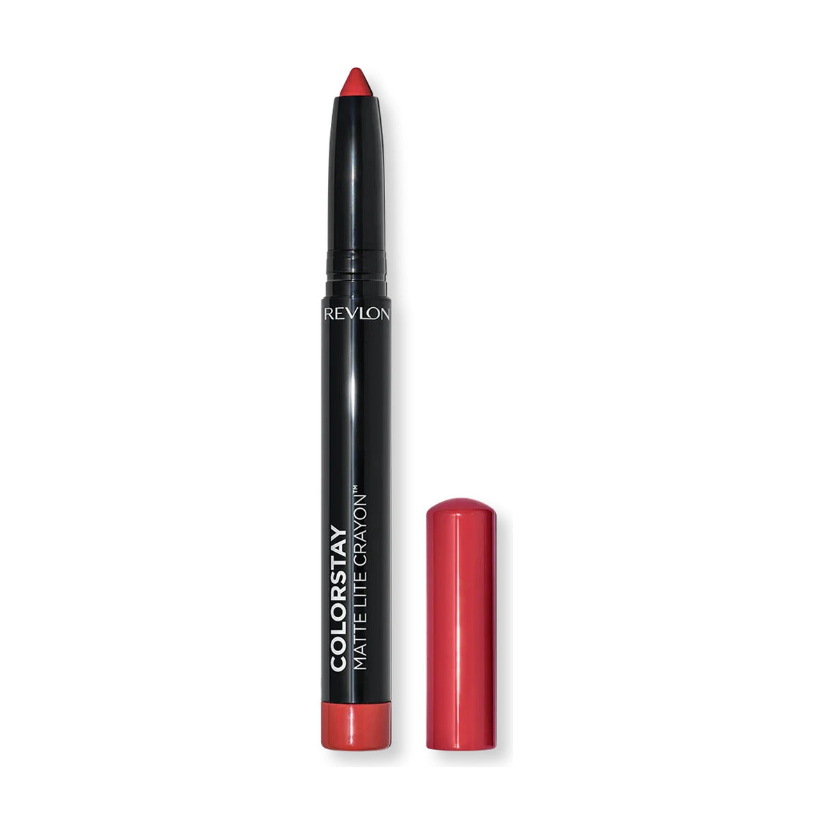 Revlon ColorStay Matte Lite Crayon lipstick in bold red shade, sleek black tube with cap off