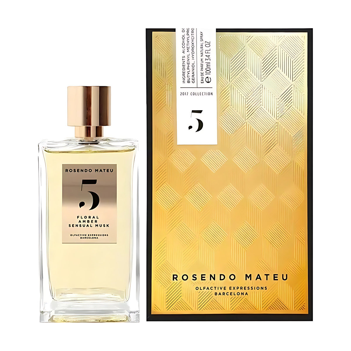 Rosendo Mateu No.5 Floral Amber Sensual Musk perfume bottle with gold packaging, 100ml