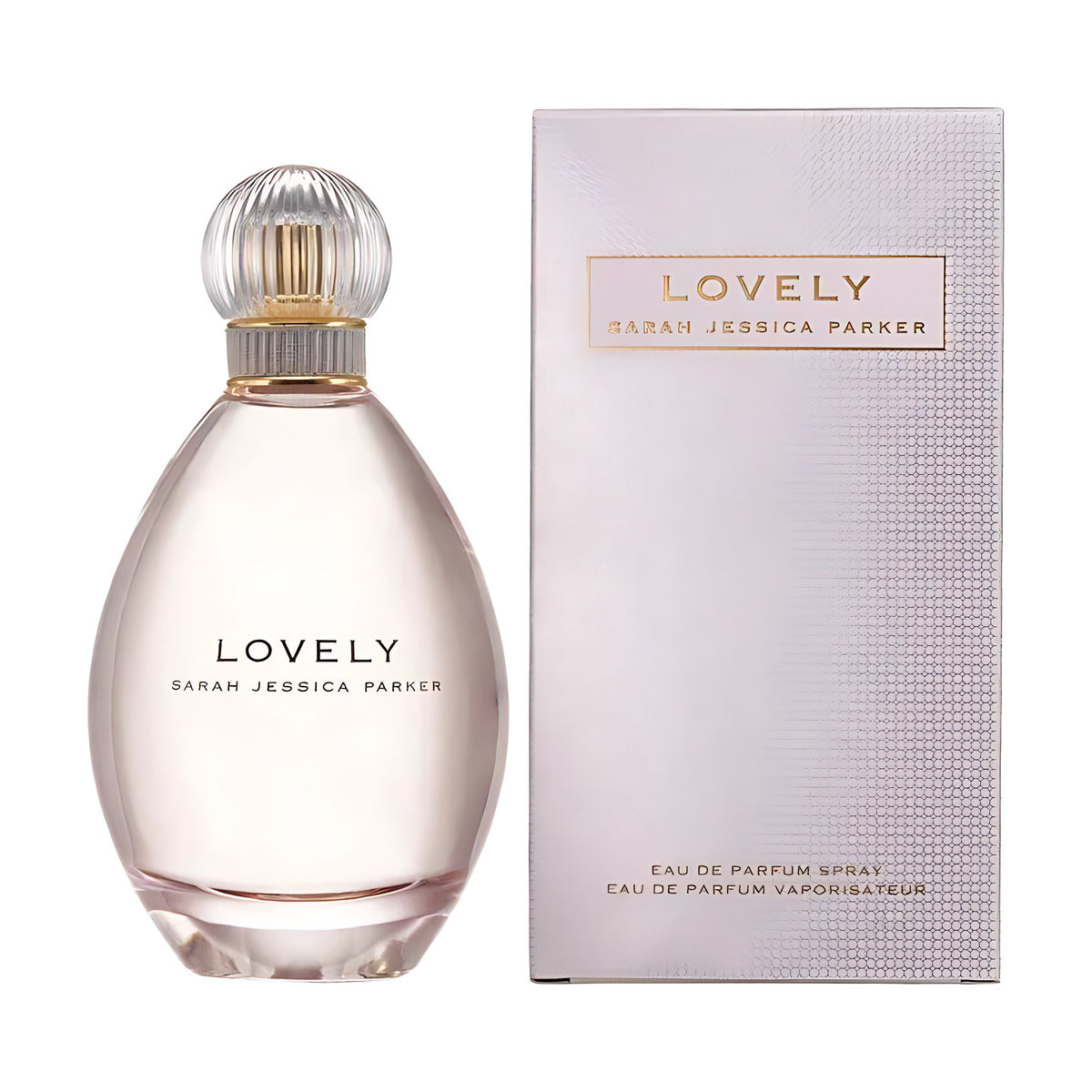 Sarah Jessica Parker Lovely Eau de Parfum Spray bottle and box, feminine fragrance with elegant glass design